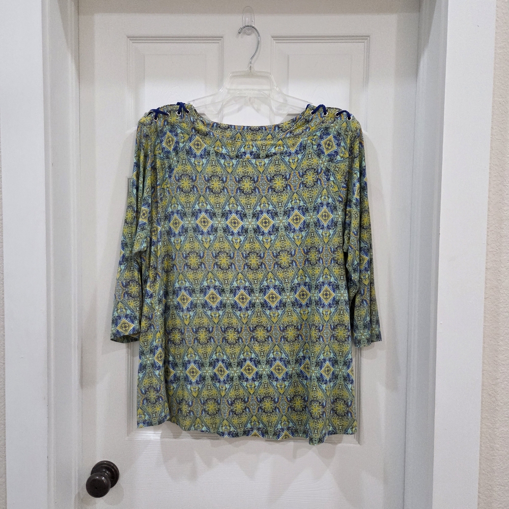 Kim Rogers Geometric Blue and Green Blouse